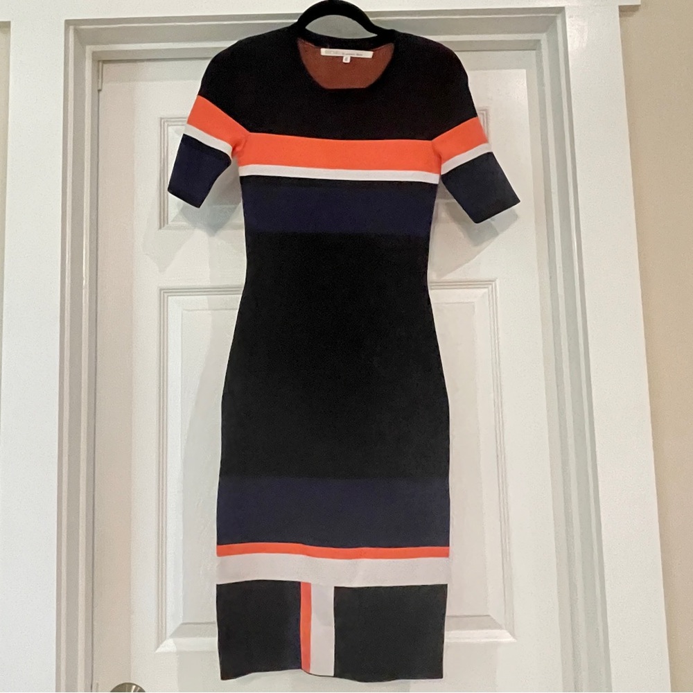 Rachel Roy Elegant Black and Orange Striped knit Dress Bodycon